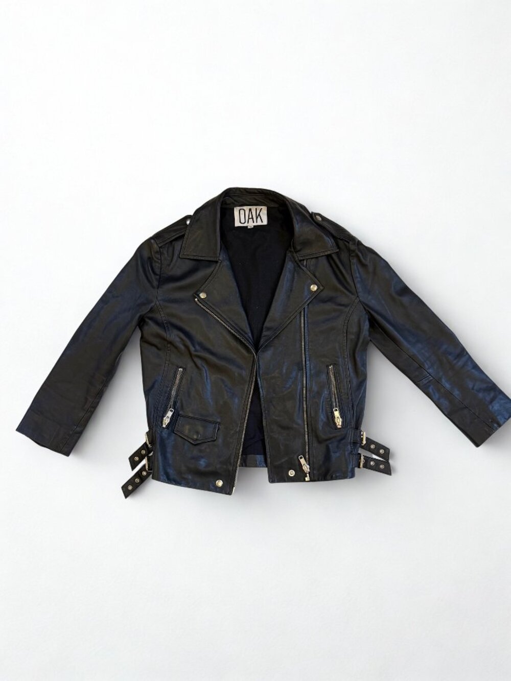 Oak Black Leather Slouch Rider Jacket - Moto Biker - Size XS
